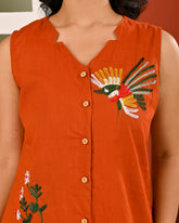 Cotton Rust Orange Embroidered Sleeveless Co-ord Set
